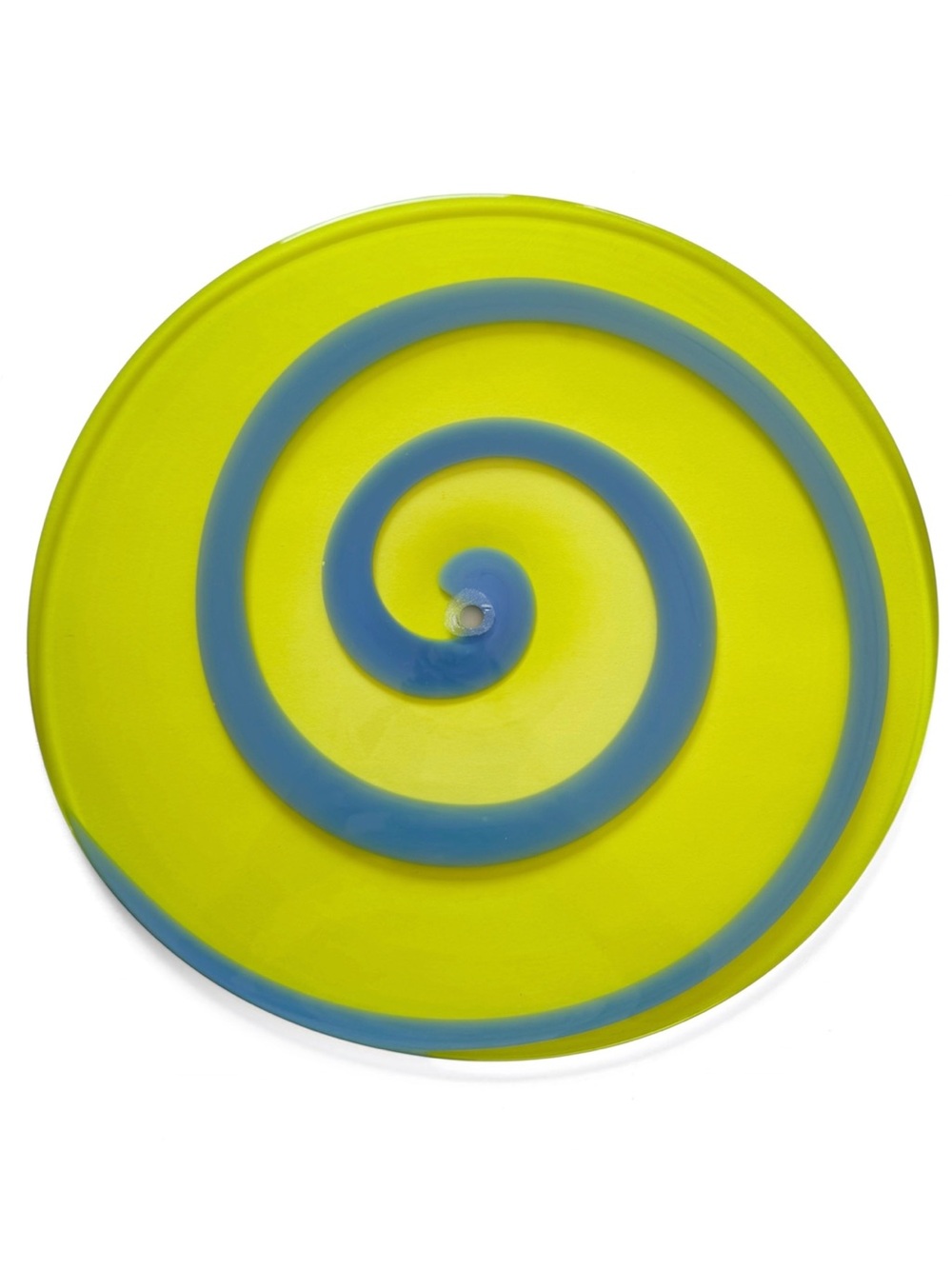 Hand Blown Glass Rondel Disc Art Glass Suncatcher Yellow Blue Spiral 13 1/2”